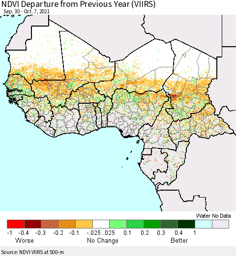 Western Africa NDVI Departure from Previous Year (VIIRS) Thematic Map For 9/30/2021 - 10/7/2021