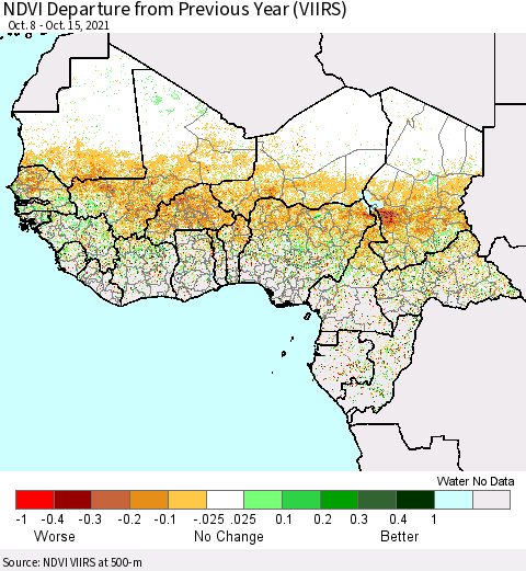 Western Africa NDVI Departure from Previous Year (VIIRS) Thematic Map For 10/8/2021 - 10/15/2021