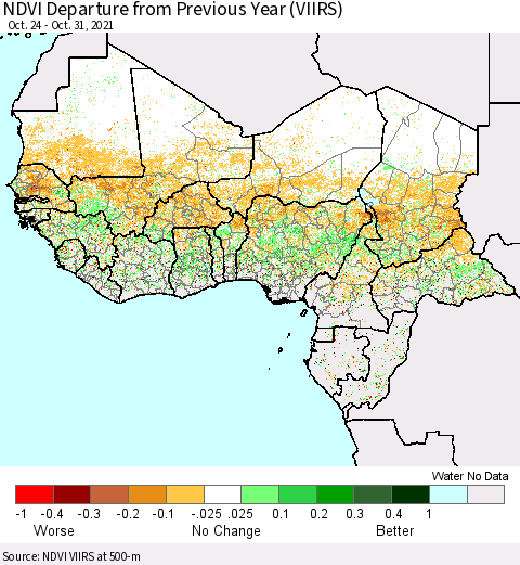 Western Africa NDVI Departure from Previous Year (VIIRS) Thematic Map For 10/24/2021 - 10/31/2021