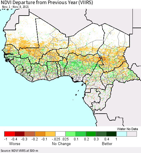Western Africa NDVI Departure from Previous Year (VIIRS) Thematic Map For 11/1/2021 - 11/8/2021