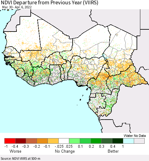 Western Africa NDVI Departure from Previous Year (VIIRS) Thematic Map For 3/30/2022 - 4/6/2022