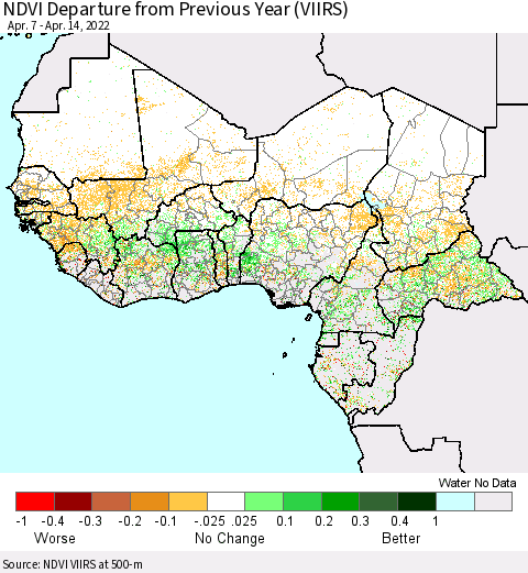 Western Africa NDVI Departure from Previous Year (VIIRS) Thematic Map For 4/7/2022 - 4/14/2022