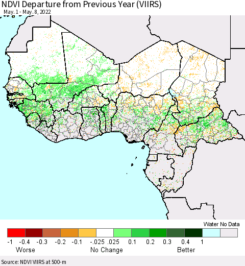 Western Africa NDVI Departure from Previous Year (VIIRS) Thematic Map For 5/1/2022 - 5/8/2022