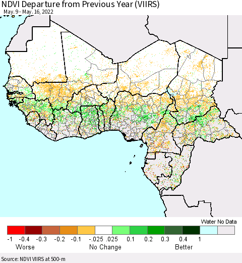 Western Africa NDVI Departure from Previous Year (VIIRS) Thematic Map For 5/9/2022 - 5/16/2022