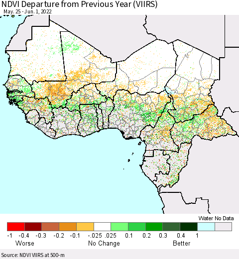 Western Africa NDVI Departure from Previous Year (VIIRS) Thematic Map For 5/25/2022 - 6/1/2022