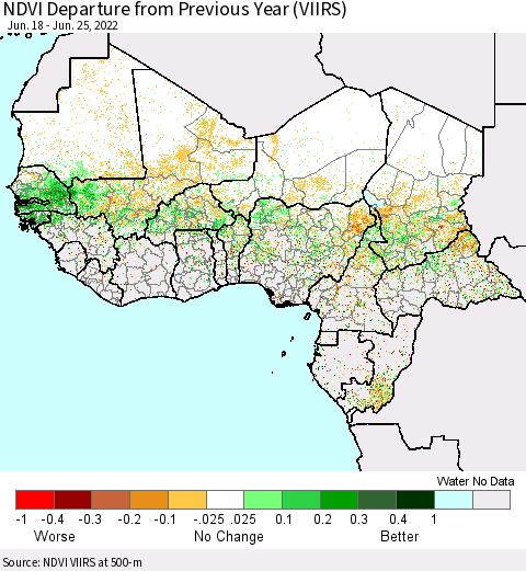 Western Africa NDVI Departure from Previous Year (VIIRS) Thematic Map For 6/18/2022 - 6/25/2022