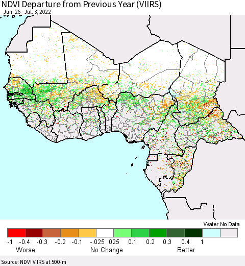 Western Africa NDVI Departure from Previous Year (VIIRS) Thematic Map For 6/26/2022 - 7/3/2022