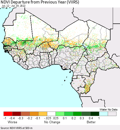 Western Africa NDVI Departure from Previous Year (VIIRS) Thematic Map For 7/12/2022 - 7/19/2022