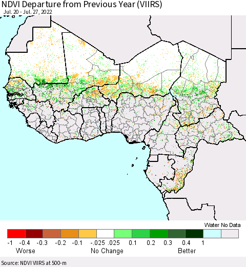 Western Africa NDVI Departure from Previous Year (VIIRS) Thematic Map For 7/20/2022 - 7/27/2022