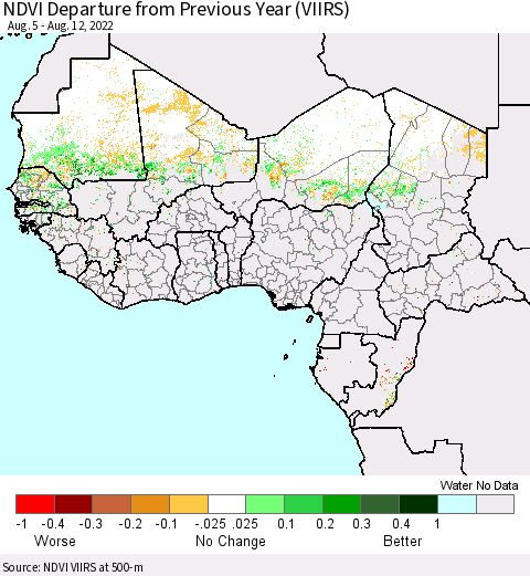 Western Africa NDVI Departure from Previous Year (VIIRS) Thematic Map For 8/5/2022 - 8/12/2022