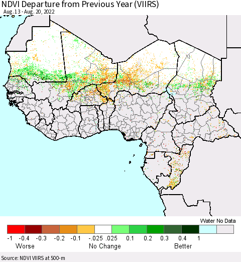 Western Africa NDVI Departure from Previous Year (VIIRS) Thematic Map For 8/13/2022 - 8/20/2022