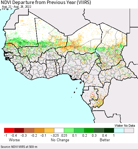 Western Africa NDVI Departure from Previous Year (VIIRS) Thematic Map For 8/21/2022 - 8/28/2022