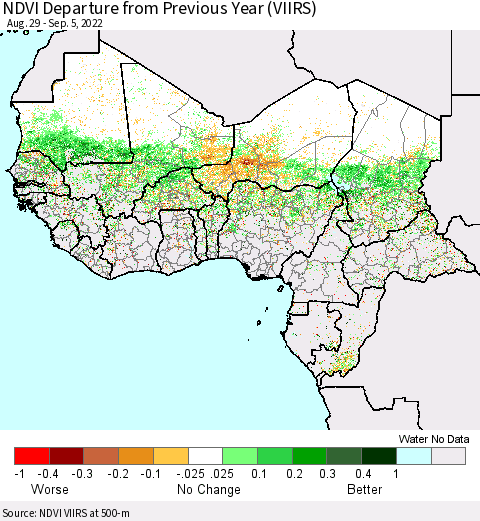 Western Africa NDVI Departure from Previous Year (VIIRS) Thematic Map For 8/29/2022 - 9/5/2022