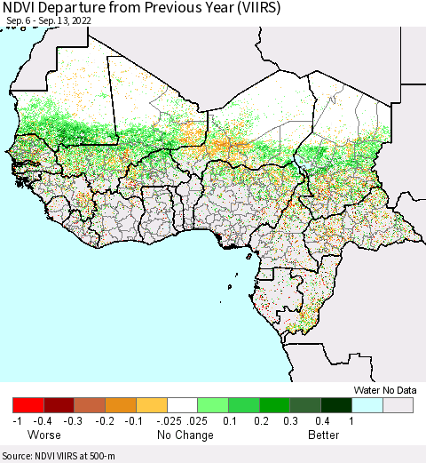 Western Africa NDVI Departure from Previous Year (VIIRS) Thematic Map For 9/6/2022 - 9/13/2022