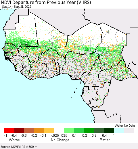 Western Africa NDVI Departure from Previous Year (VIIRS) Thematic Map For 9/14/2022 - 9/21/2022