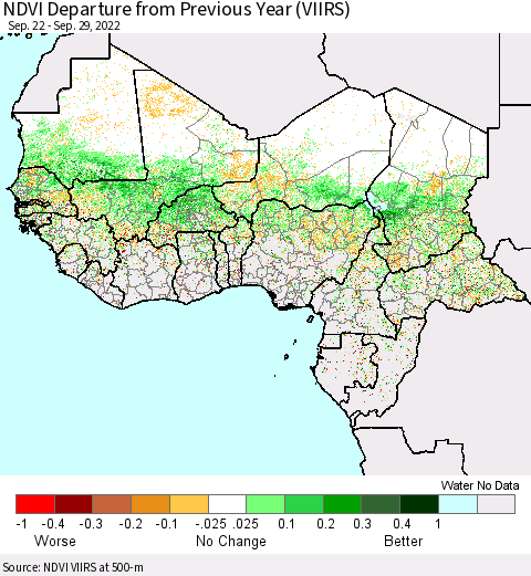 Western Africa NDVI Departure from Previous Year (VIIRS) Thematic Map For 9/22/2022 - 9/29/2022