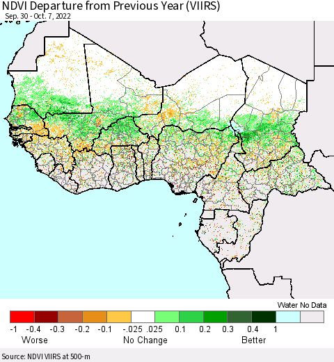 Western Africa NDVI Departure from Previous Year (VIIRS) Thematic Map For 9/30/2022 - 10/7/2022