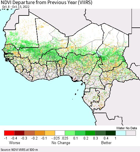 Western Africa NDVI Departure from Previous Year (VIIRS) Thematic Map For 10/8/2022 - 10/15/2022
