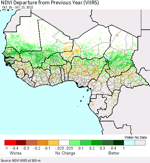 Western Africa NDVI Departure from Previous Year (VIIRS) Thematic Map For 10/16/2022 - 10/23/2022