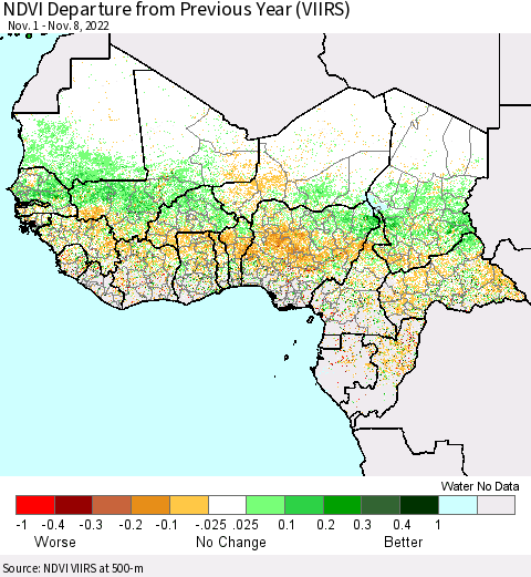 Western Africa NDVI Departure from Previous Year (VIIRS) Thematic Map For 11/1/2022 - 11/8/2022