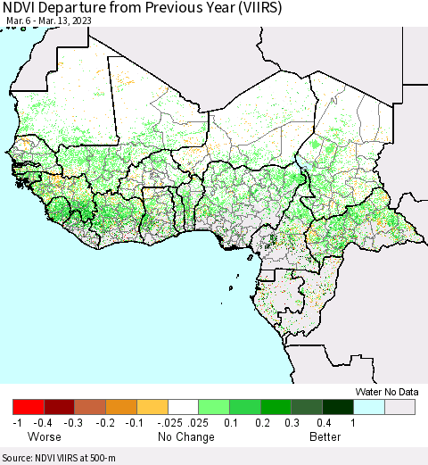 Western Africa NDVI Departure from Previous Year (VIIRS) Thematic Map For 3/6/2023 - 3/13/2023