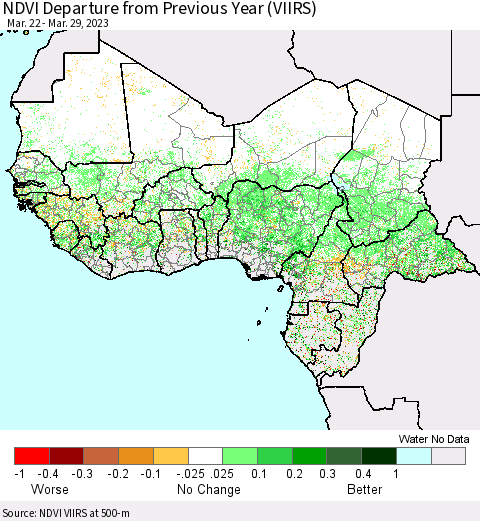 Western Africa NDVI Departure from Previous Year (VIIRS) Thematic Map For 3/22/2023 - 3/29/2023