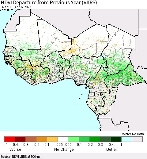 Western Africa NDVI Departure from Previous Year (VIIRS) Thematic Map For 3/30/2023 - 4/6/2023