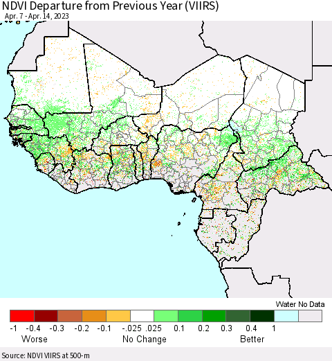 Western Africa NDVI Departure from Previous Year (VIIRS) Thematic Map For 4/7/2023 - 4/14/2023