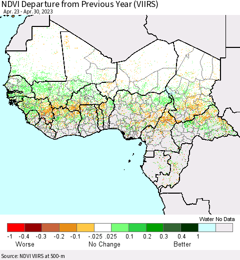Western Africa NDVI Departure from Previous Year (VIIRS) Thematic Map For 4/23/2023 - 4/30/2023