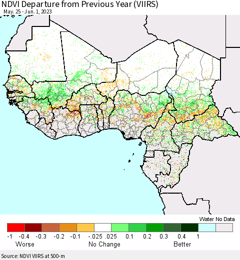Western Africa NDVI Departure from Previous Year (VIIRS) Thematic Map For 5/25/2023 - 6/1/2023