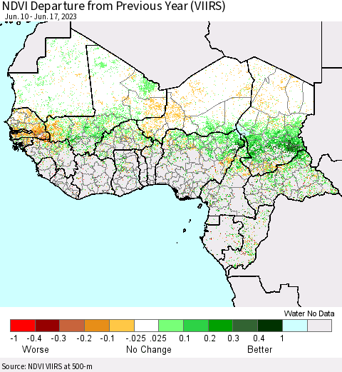Western Africa NDVI Departure from Previous Year (VIIRS) Thematic Map For 6/10/2023 - 6/17/2023