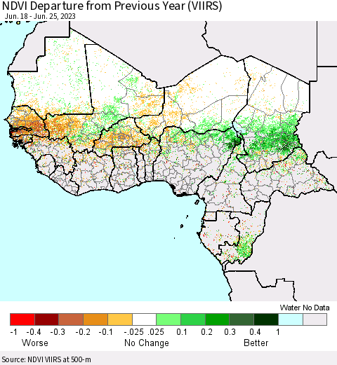 Western Africa NDVI Departure from Previous Year (VIIRS) Thematic Map For 6/18/2023 - 6/25/2023