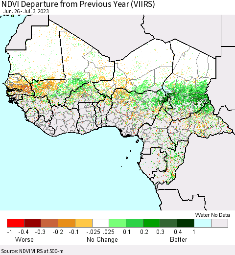 Western Africa NDVI Departure from Previous Year (VIIRS) Thematic Map For 6/26/2023 - 7/3/2023