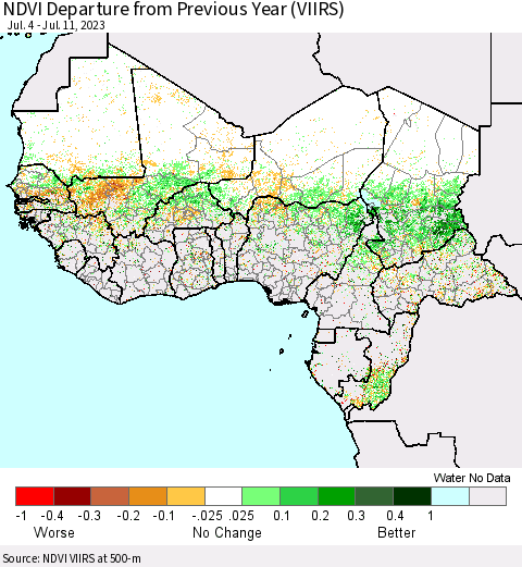 Western Africa NDVI Departure from Previous Year (VIIRS) Thematic Map For 7/4/2023 - 7/11/2023