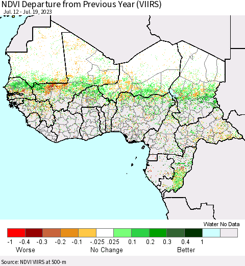 Western Africa NDVI Departure from Previous Year (VIIRS) Thematic Map For 7/12/2023 - 7/19/2023