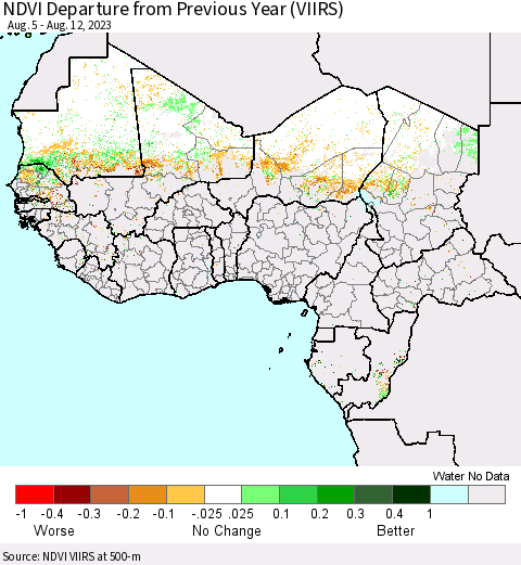 Western Africa NDVI Departure from Previous Year (VIIRS) Thematic Map For 8/5/2023 - 8/12/2023