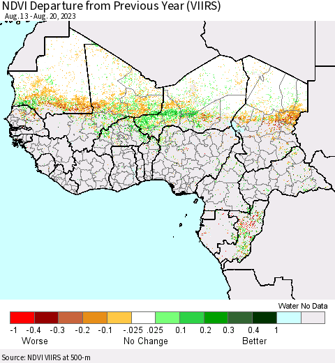 Western Africa NDVI Departure from Previous Year (VIIRS) Thematic Map For 8/13/2023 - 8/20/2023