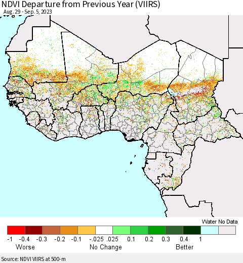 Western Africa NDVI Departure from Previous Year (VIIRS) Thematic Map For 8/29/2023 - 9/5/2023