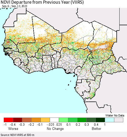 Western Africa NDVI Departure from Previous Year (VIIRS) Thematic Map For 9/6/2023 - 9/13/2023