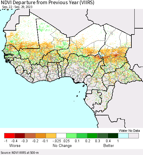 Western Africa NDVI Departure from Previous Year (VIIRS) Thematic Map For 9/22/2023 - 9/29/2023