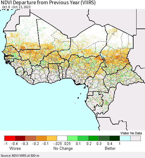 Western Africa NDVI Departure from Previous Year (VIIRS) Thematic Map For 10/8/2023 - 10/15/2023
