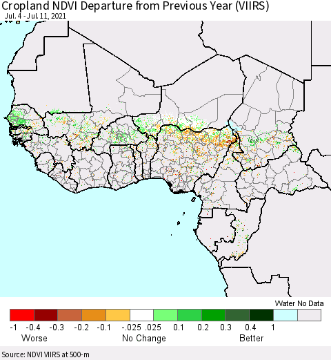 Western Africa Cropland NDVI Departure from Previous Year (VIIRS) Thematic Map For 7/4/2021 - 7/11/2021