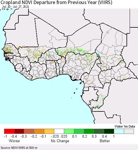 Western Africa Cropland NDVI Departure from Previous Year (VIIRS) Thematic Map For 7/20/2021 - 7/27/2021