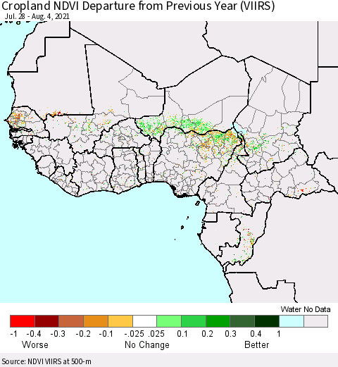 Western Africa Cropland NDVI Departure from Previous Year (VIIRS) Thematic Map For 7/28/2021 - 8/4/2021