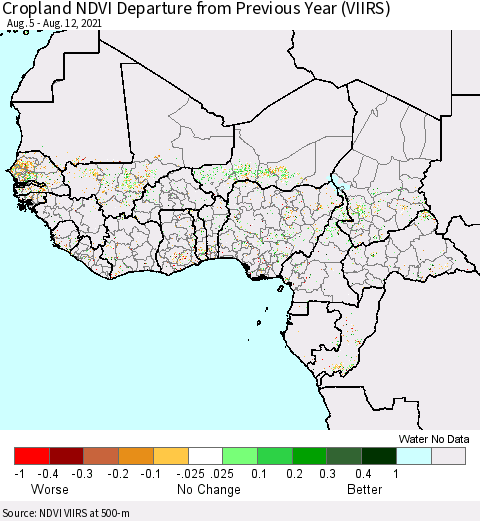 Western Africa Cropland NDVI Departure from Previous Year (VIIRS) Thematic Map For 8/5/2021 - 8/12/2021