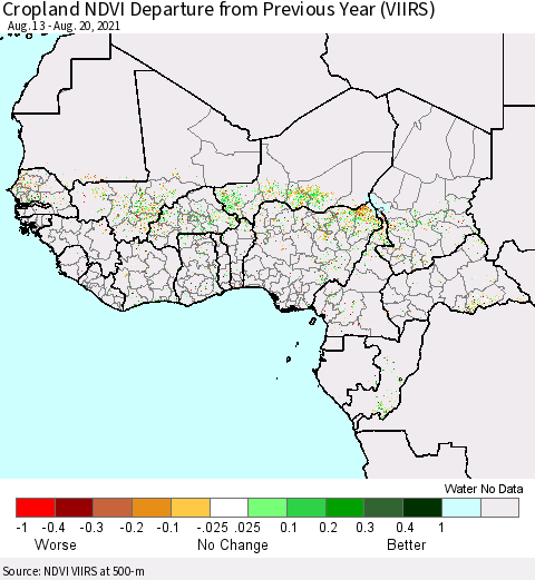 Western Africa Cropland NDVI Departure from Previous Year (VIIRS) Thematic Map For 8/13/2021 - 8/20/2021