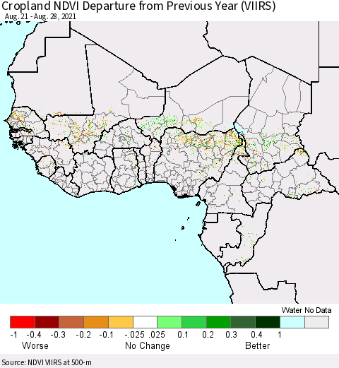 Western Africa Cropland NDVI Departure from Previous Year (VIIRS) Thematic Map For 8/21/2021 - 8/28/2021
