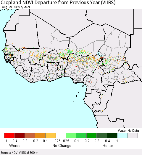 Western Africa Cropland NDVI Departure from Previous Year (VIIRS) Thematic Map For 8/29/2021 - 9/5/2021