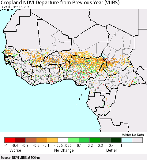 Western Africa Cropland NDVI Departure from Previous Year (VIIRS) Thematic Map For 10/8/2021 - 10/15/2021