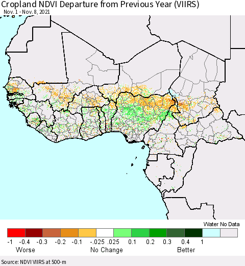 Western Africa Cropland NDVI Departure from Previous Year (VIIRS) Thematic Map For 11/1/2021 - 11/8/2021
